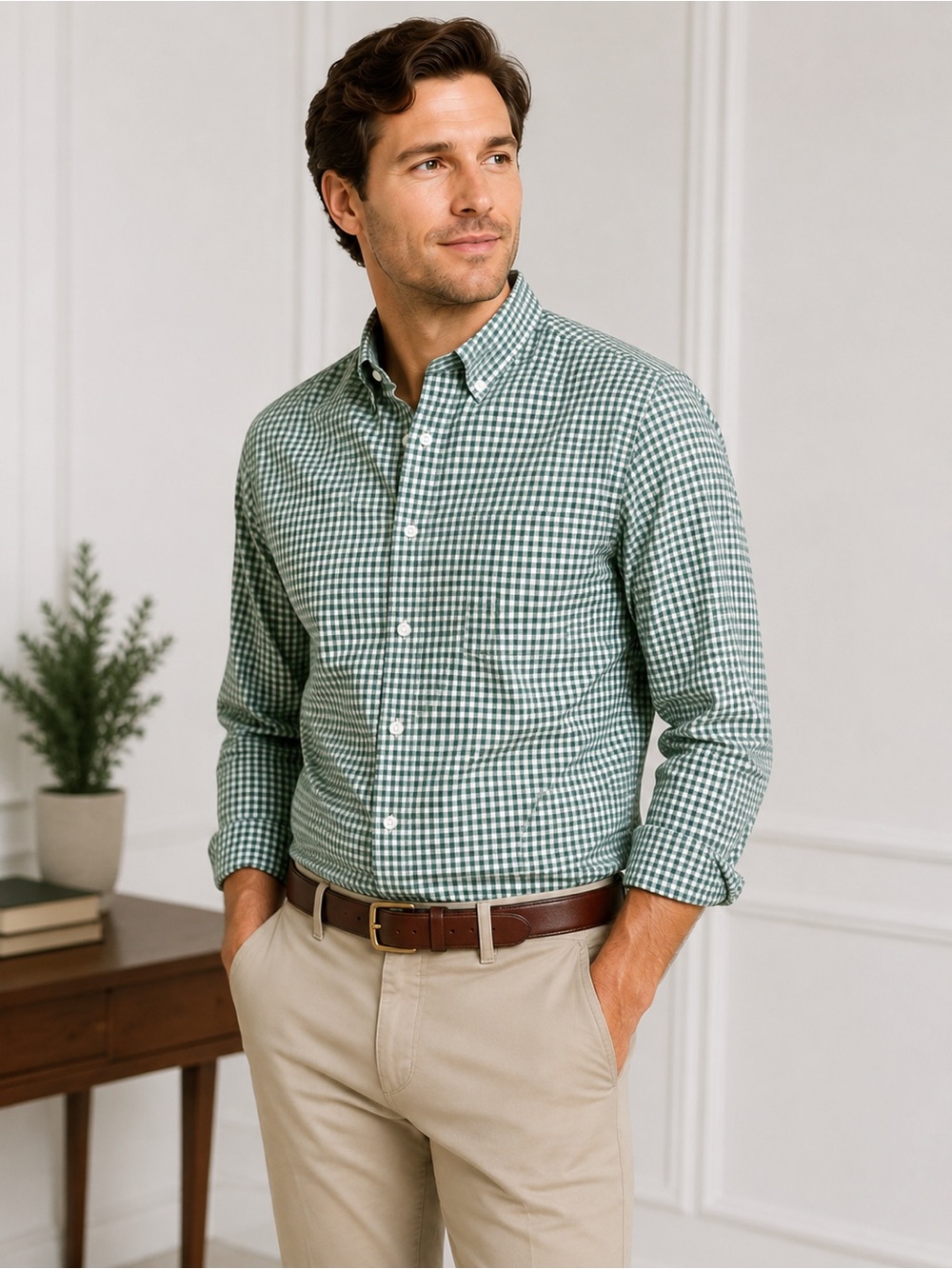 J.Crew Classic Flex Washed Men’s Medium Green Gingham Button-Down Shirt